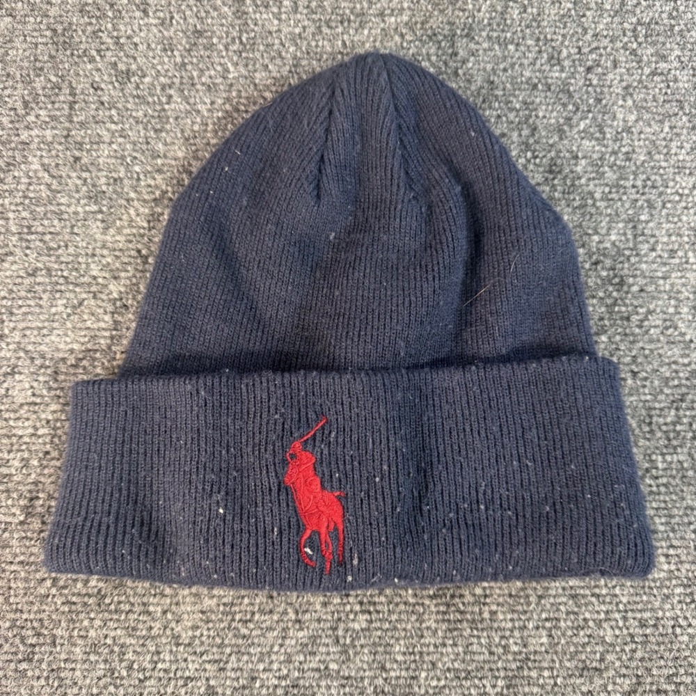 Polo Ralph Lauren Navy Blue Knit Cuffed Beanie Hat Red Pony Logo Mens Womens